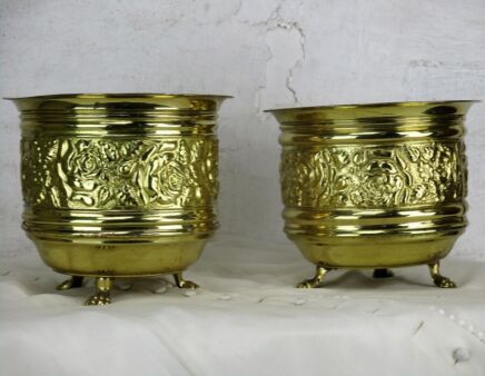 Two Vintage Brass Planters Jardiniere flower pot Ornate Lion Claw Legs England