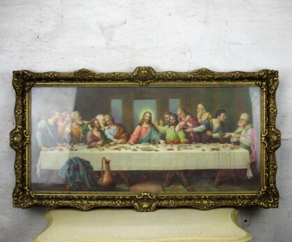 Vintage Wooden Ornate Frame Jesus Christ Last Supper Iconic Print WOW 34.25"