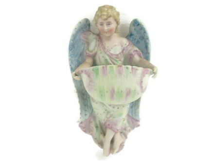 French Holy Water Font Angel Hand Painted Bisque Porcelain Collector HTF 8.66"