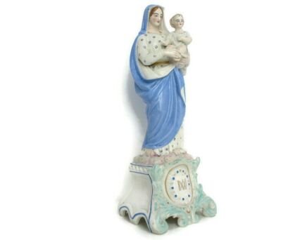 French Antique Bisque Statue Virgin Mary Lady Madonna Infant Polychrome 15.94"