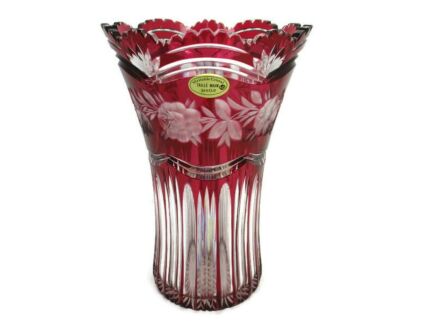 Crystal Strawberry red Clear to Cut Bowl Vase Etched Roses 11.61"
