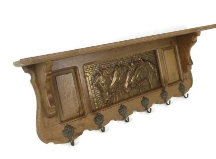 Vintage Wall Coat Rack Mid Century Modern Railroad Industrial Wood Chrome Brass Trim Horses Plaque 