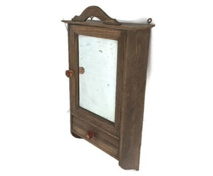 Art Deco Medicine Apothecary Cabinet Wall Hanging Beveled Glass Oak Kitchen Bathroom 
