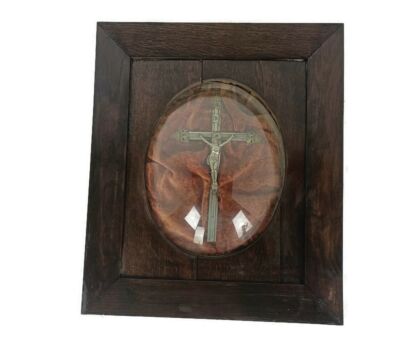 Antique  Wooden Frame Convex Glass Dome Crucifix Cross Square 