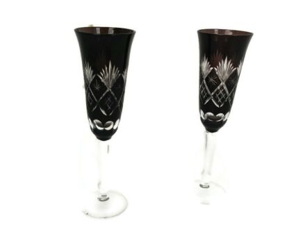 Couple Champagne Wine Glass Goblet Hock cut to Clear Etched Glass Cranberry Bohemian