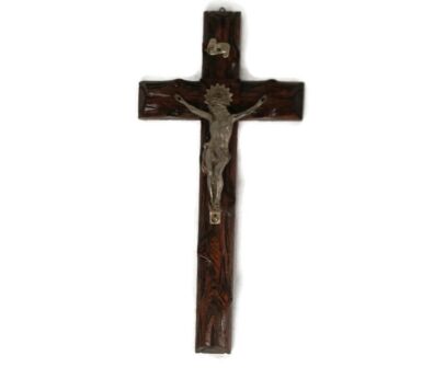 hand Carved Wood Hanging Crucifix Jesus Christ Cross Vintage Corpus Christi Spelter