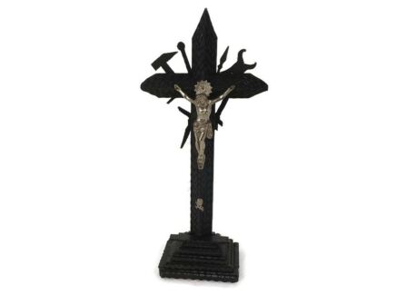 Tramp Trench Tramp Folk art Standing Hand Carved Wooden Crucifix  Antique Faux Brass Corpus