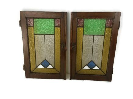 Pair Two Antique Leaded Glass hand Carved Wooden Door Panels Reclaimed Architectural Hobnails 