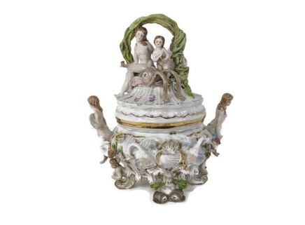 Fabulous Porcelain centerpiece Lidded Dish Figurine Group Females Octopus marked Putti 