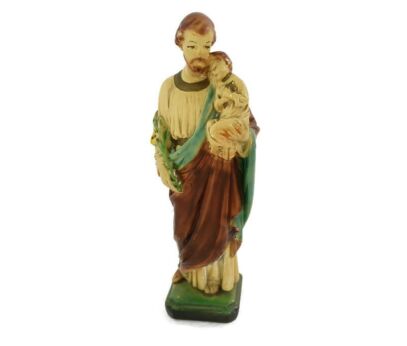 Statue Saint Joseph Protector of Homes Infant Jesus Polychrome Plaster Lillies