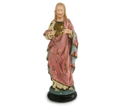 Statue Jesus Christ Savior Sacred Heart Holy Heart Plaster Antique Art Deco Polychrome
