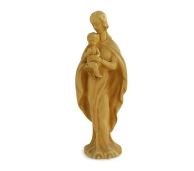 Virgin Mary Madonna Infant Jesus Vintage Plaster Statue Art Deco Ochre Color Cape