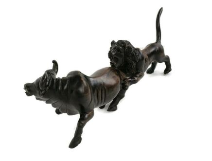 Stunning Sculpture Figurine Black Forest Hand Carved wood Bull Lion Vintage