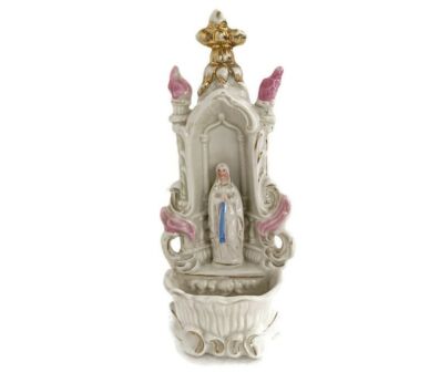 French Standing Holy Water Font Vessel Bisque Porcelain Virgin Lourdes Madonna Collector HTF
