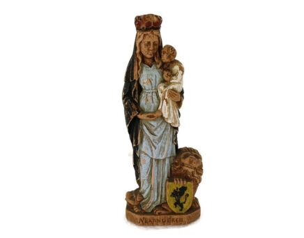 Statue Figurine Our lady Of flanders Madonna and Infant Jesus Lion Dragon Defeated Ceracast Stoneware Belgium