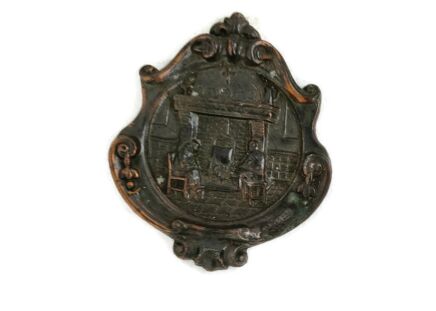 vintage Brass Copper Ornate wall hanging Couple French in front of fireplace Trim
