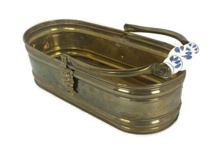 Antique Large Hammered Brass Oval Planter Flower pot Country Porcelain Delft Blue white Handles