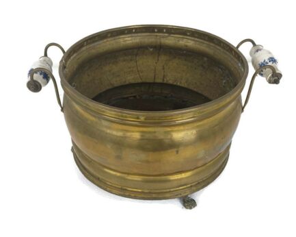 Antique Large Hammered brass   Bowl  Delft Blue White Porcelain handles Planter Flower pot Country style