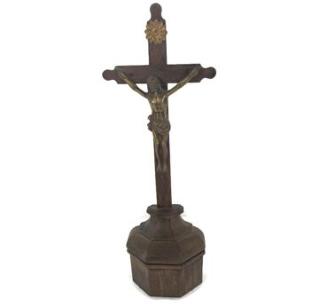  Standing Crucifix Cross hand Carved Wood Brass Corpus French Magnificent  Antique