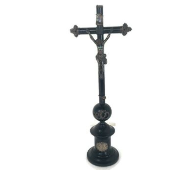 Standing Crucifix Cross Jesus Christ Lamb of God Wood Silver plated Antique Gorgeous 