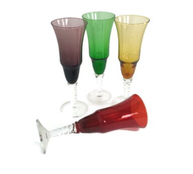 Set of 4 Vintage Different Coloured Wine or Sherry Glasses Twisted Stem Murano Style
