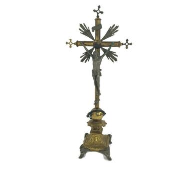 Antique Standing Altar Crucifix Cross Ornate Brass Corpus Christi angels