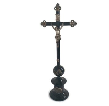 Standing Crucifix Cross Jesus Christ Lamb of God Wood Silver plated Antique wow