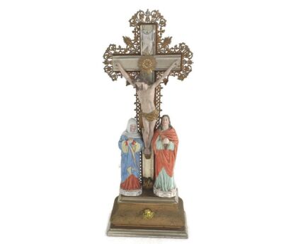 Antique Calvary Crucifix Christ Plaster Wood Ormolu Gorgeous Jesus Christ Cross Mary Magdalene  