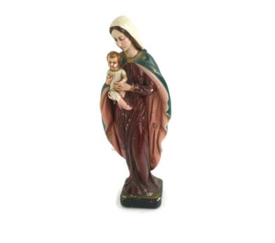 Art Deco Antique Statue Virgin mary Infant Jesus stars polychrome plaster 