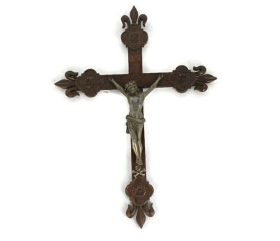 Hand Carved Wood  French Hanging Ornate Crucifix Cross Jesus Christ Fleur de Lis Large