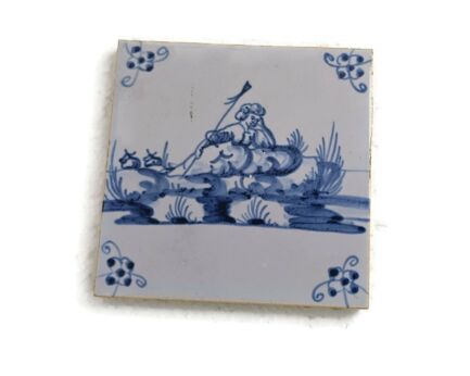  1800 Antique Delft Tile Dutch Decorative Candelabrum Fisherman hunter Blue White HTF
