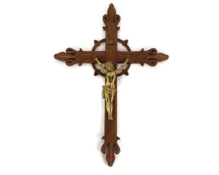 Hand Carved Wood  French Hanging Ornate Crucifix Cross Jesus Christ Fleur de Lis Stunning XL