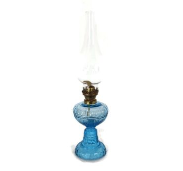 Blue Glass Ornate Oil Kerosine Lamp with Chimnee antique 1900s beautiful decorative