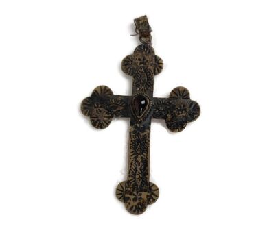 Small Ornate hanging Crucifix for  Neclace Black  stone faux brass Spelter Silver plated vintage 