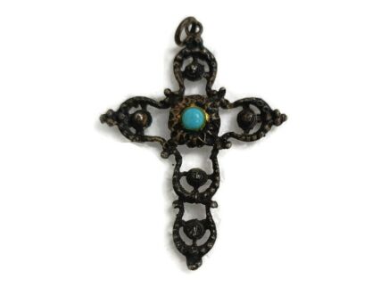 Small Ornate hanging Crucifix for  Neclace Blue stone faux brass Spelter vintage 