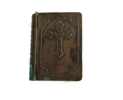 Booklet Faux Brass Miniature Box for Religous Medals Pocket Prayer book Vintage 
