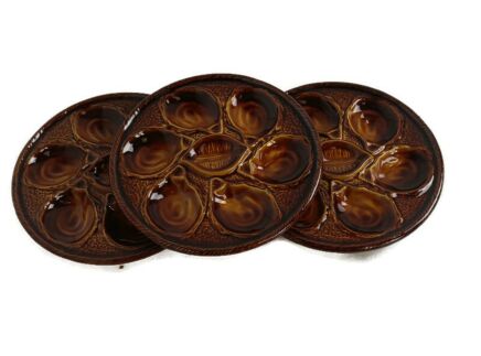 St Clement Set of 3 French Oyster Plates  Brown Faiance Porcelain  Vintage 