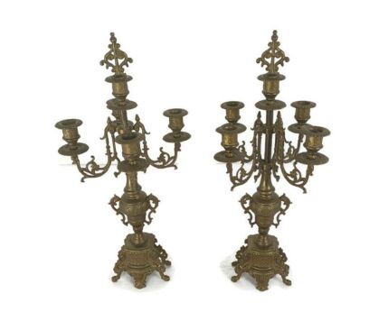 Couple Candle Holders Brass Ornate Art Nouveau Jugendstihl Style Stylish Candelabra 5 arm