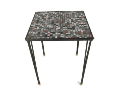 Vintage Side Table Plant stand Ceramic Mosaic Tiles   Wrought Iron Hairpin Legs Modernist