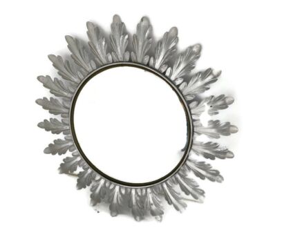 Retro Modernist Starburst Sunburst Metal Wall Convex Mirror Mid Century Leafs Silver Colored