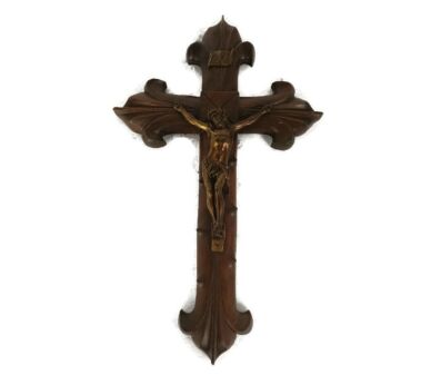 French Hanging Crucifix Cross Carved wood Fleur de Lis Brass Corpus Christi Christianity