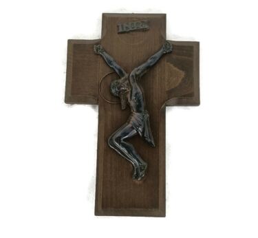 Hanging Crucifix Cross Carved wood  Modernist Faux Brass Corpus Christi Christianity Decorative