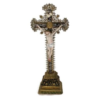 Antique Standing Crucifix Cross, Ormulu, Wood, painted flowers, porcelain Corpus, Gorgeous