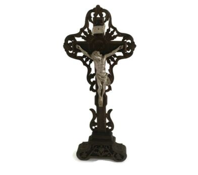 Antique Standing Crucifix Cross Altar Table Hand Carved Wood faux brass Spelter Corpus Beautiful