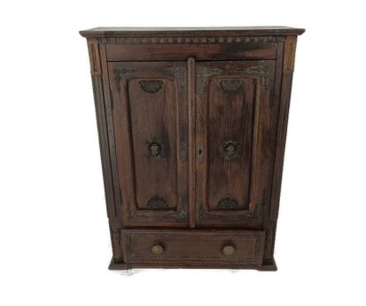 Antique Ornate hand Carved Wooden Medicine Apothecary Cabinet Brass trims Angels Gorgeous
