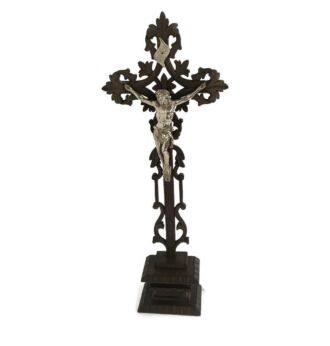 Standing table Altar Crucifix Cross Antique Hand Carved Wood Faux Brass Spelter Corpus