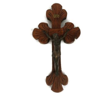 hanging Crucifix Hand Carved Wood Oak Brass Corpus French Fleur de Lis Lys Vintage