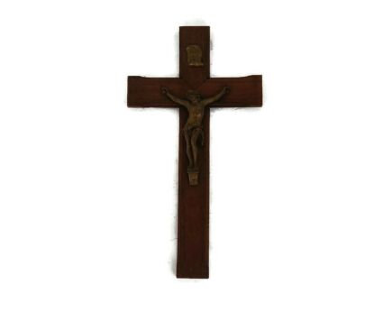 hanging Crucifix Hand Carved Wood Brass Corpus Copper Inlay Beautiful Antique