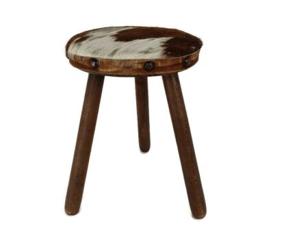 Old  Milk Milking Stool Farmhouse Country Barn Style  French  Tripod Side Display Table Pedestal Plant Stand Cowhide 