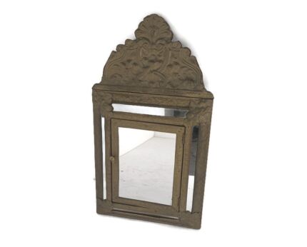 Vintage mirror  Hammered Brass Glass Hanging Cabinet Continental Ornate  